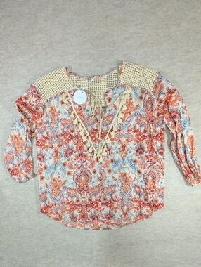 NEW* En Creme Boho Tassle Crochet Yoke Top Cream Coral & Blue Floral Oversized S